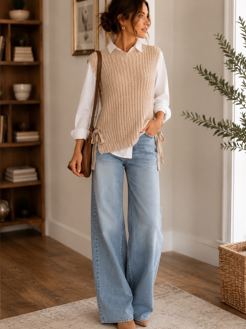BCBGeneration Chunky Knit Sweater Vest Side Tie Oatmeal Boho Cozy Layering Top L